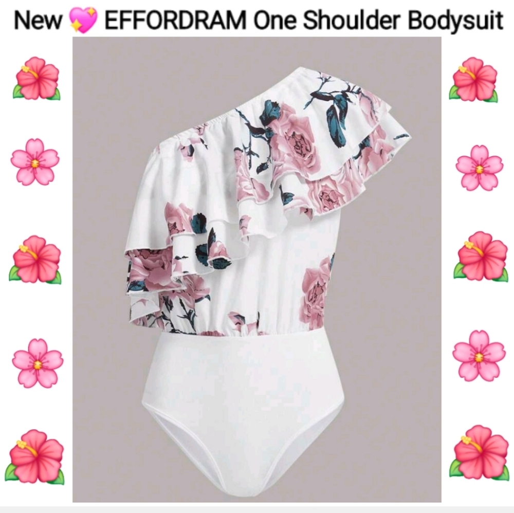 EFFORDRAM Floral Print One Shoulder Ruffle Trim Bodysuit Size L